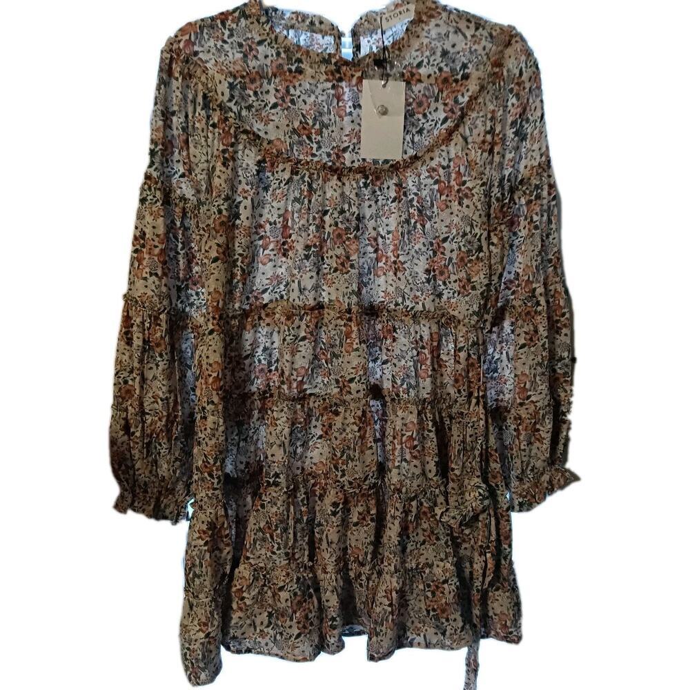 Storia Midi Dress Long Sleeves NWT Sz. Small Boho Beige Floral Belted